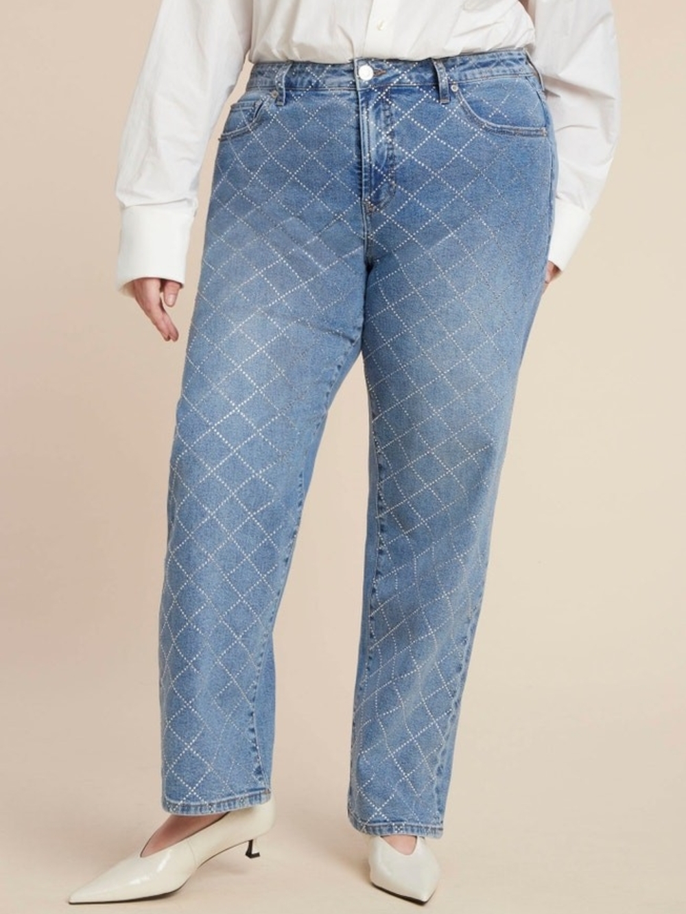 Eloquii Light Blue Quilted-Detail Straight Leg Jeans